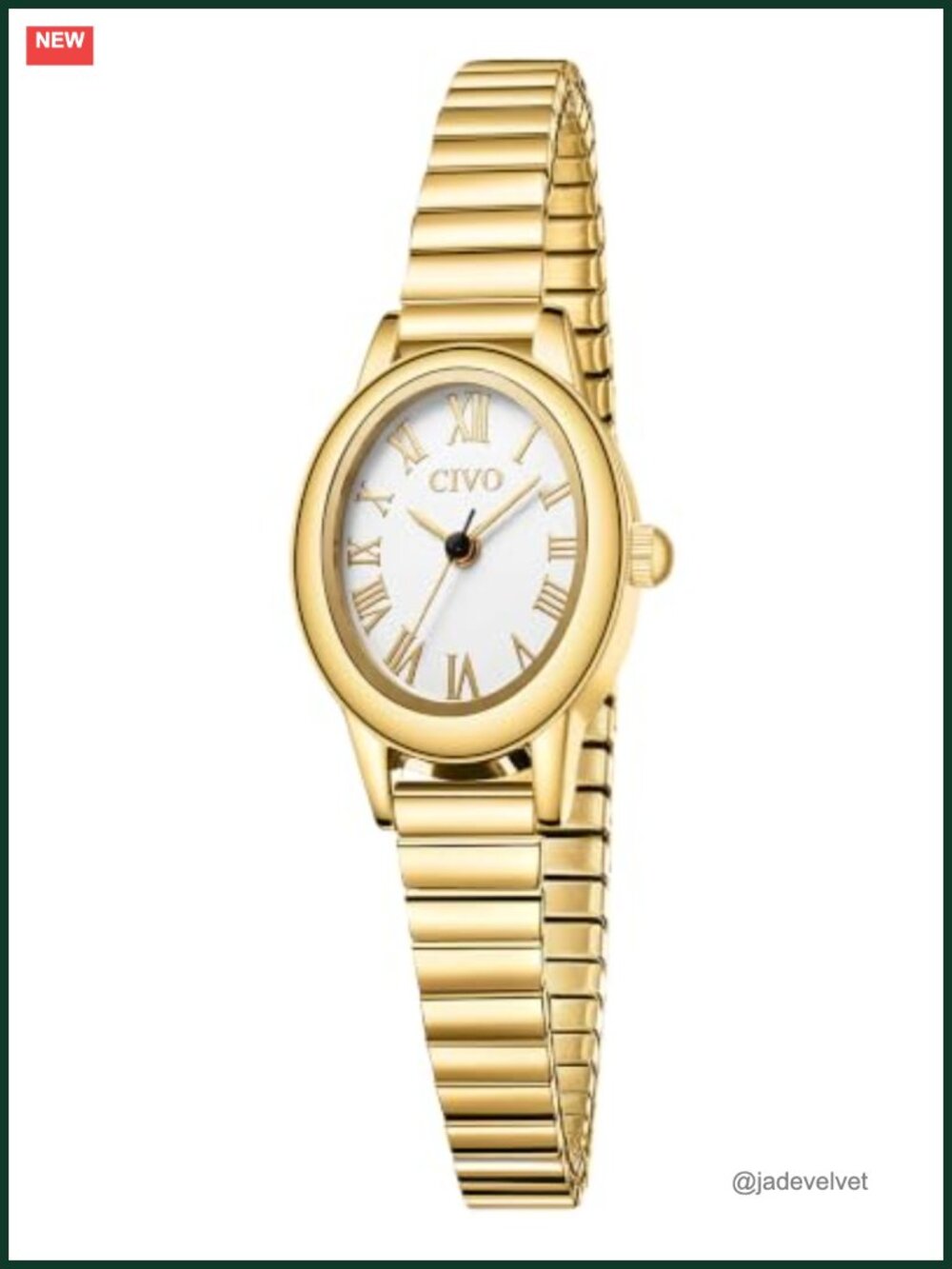 Small Gold Watch for Women Roman Numeral Oval Case Stretch Band